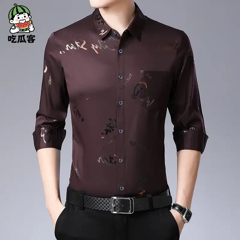 Men's Black Letter Printed Silk Shirt Long Sleeve Business Casual - Image 11