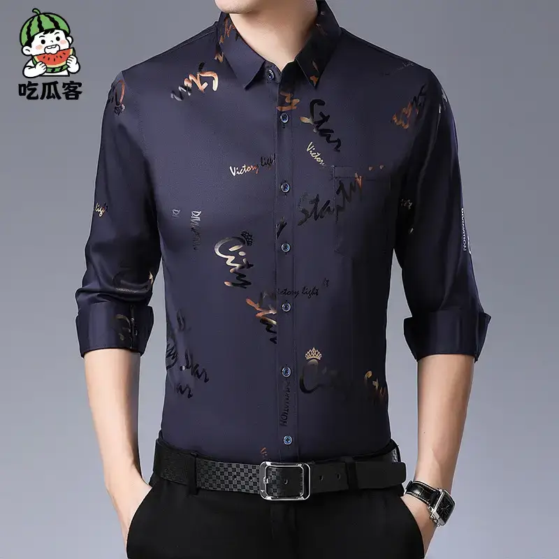 Men's Black Letter Printed Silk Shirt Long Sleeve Business Casual - Image 13