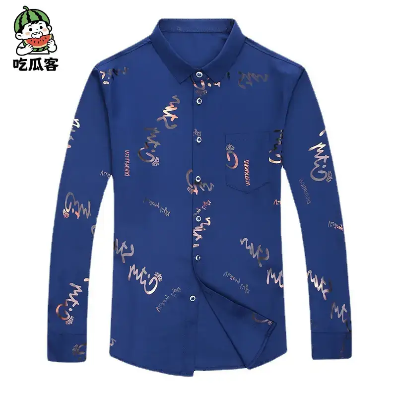 Men's Black Letter Printed Silk Shirt Long Sleeve Business Casual - Image 14