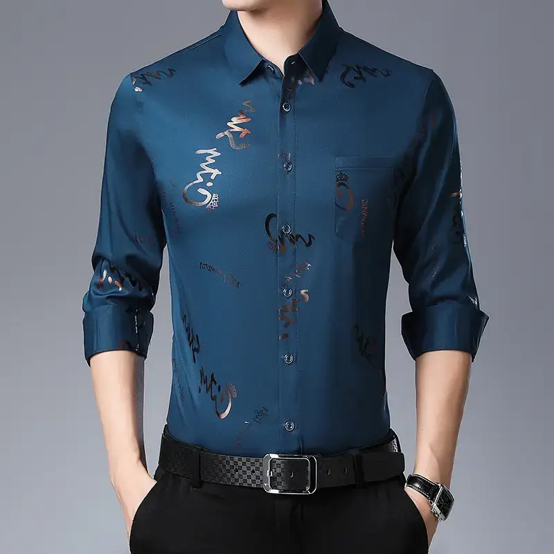 Men's Black Letter Printed Silk Shirt Long Sleeve Business Casual - Image 2