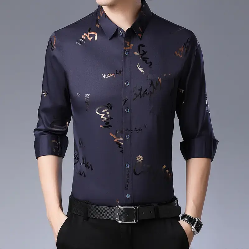 Men's Black Letter Printed Silk Shirt Long Sleeve Business Casual - Image 3