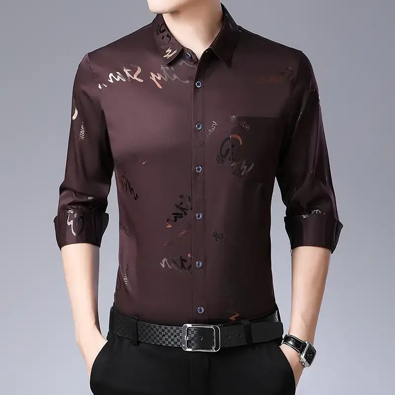 Men's Black Letter Printed Silk Shirt Long Sleeve Business Casual - Image 4