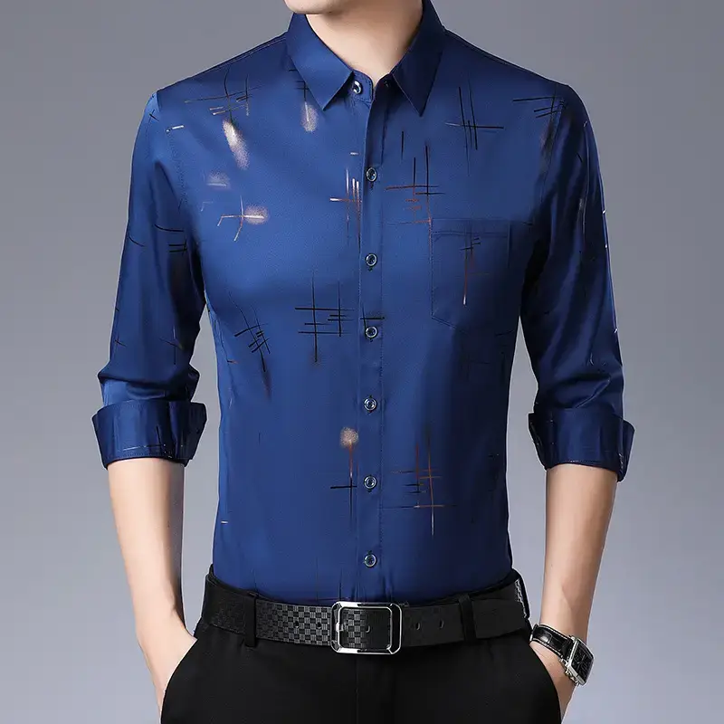 Men's Black Letter Printed Silk Shirt Long Sleeve Business Casual - Image 5