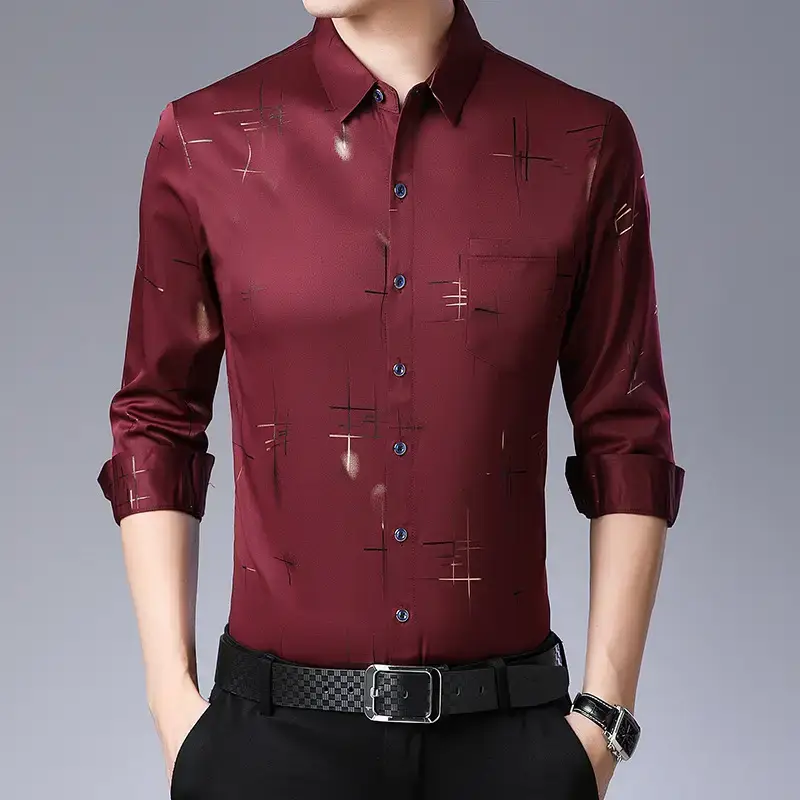 Men's Black Letter Printed Silk Shirt Long Sleeve Business Casual - Image 6