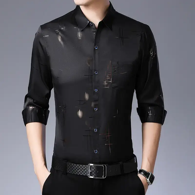 Men's Black Letter Printed Silk Shirt Long Sleeve Business Casual - Image 7