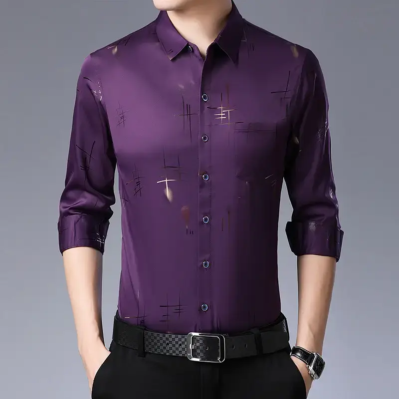 Men's Black Letter Printed Silk Shirt Long Sleeve Business Casual - Image 8