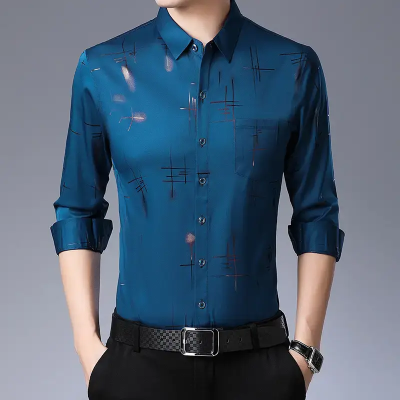 Men's Black Letter Printed Silk Shirt Long Sleeve Business Casual - Image 9
