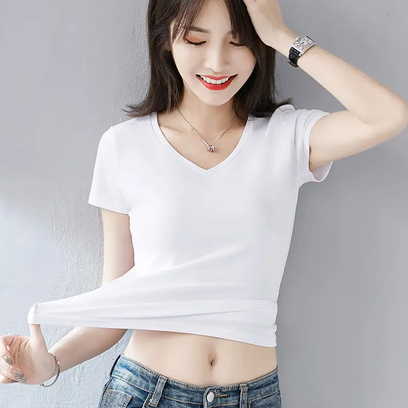 Women White Cotton Short Sleeve V Neck T-Shirt - Image 12