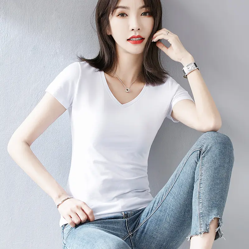 Women White Cotton Short Sleeve V Neck T-Shirt - Image 13