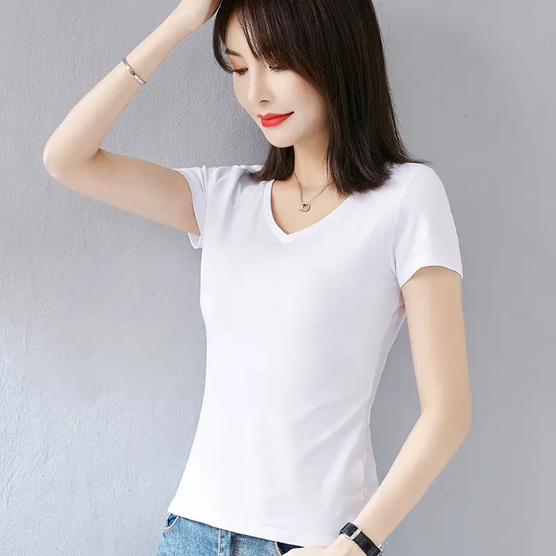 Women White Cotton Short Sleeve V Neck T-Shirt - Image 14