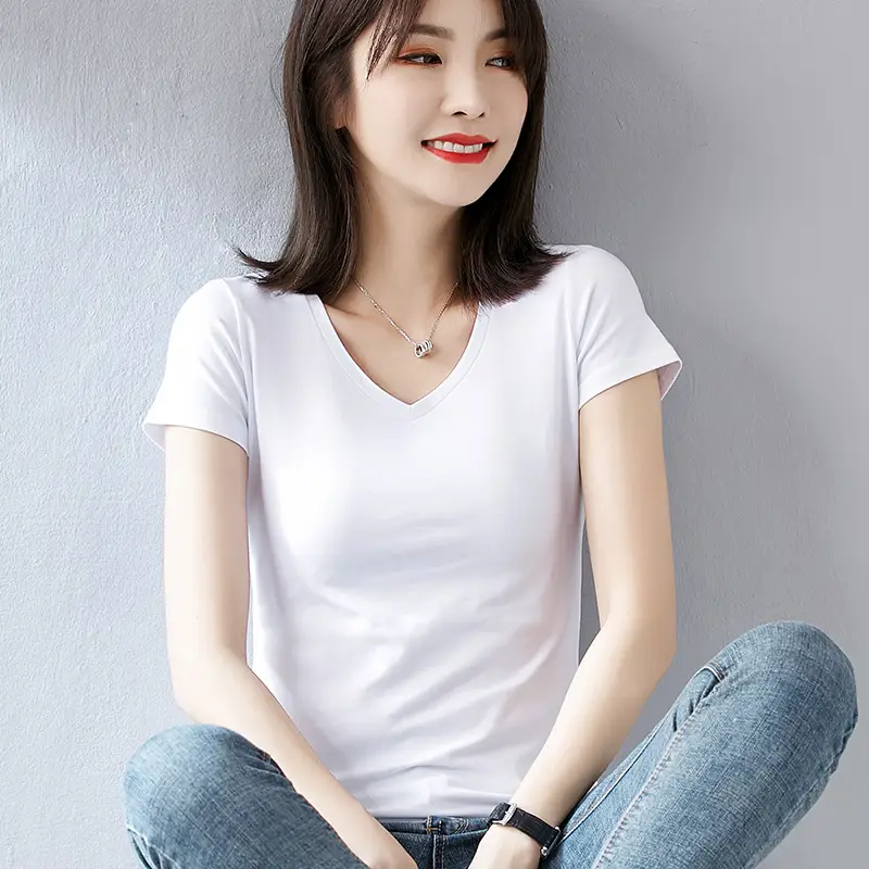 Women White Cotton Short Sleeve V Neck T-Shirt - Image 15