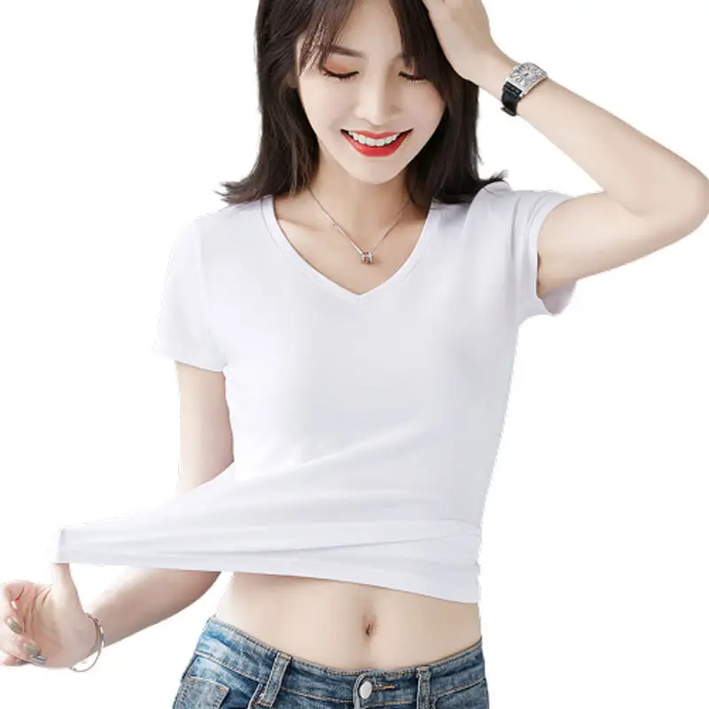 Women White Cotton Short Sleeve V Neck T-Shirt - Image 16