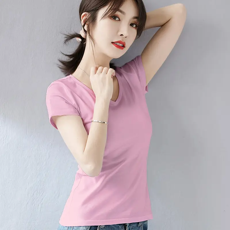 Women White Cotton Short Sleeve V Neck T-Shirt - Image 5