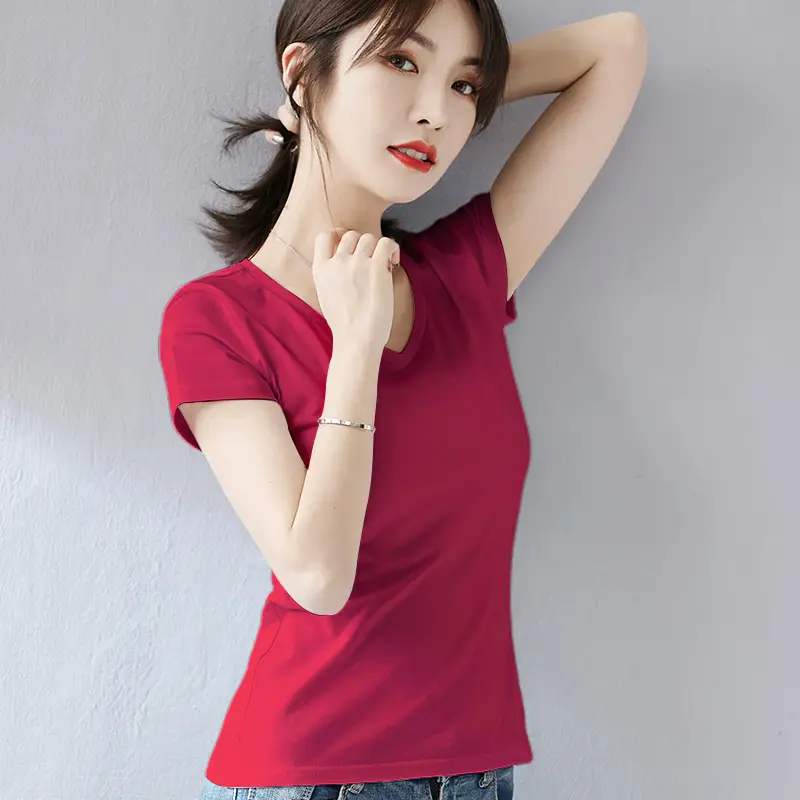 Women White Cotton Short Sleeve V Neck T-Shirt - Image 7