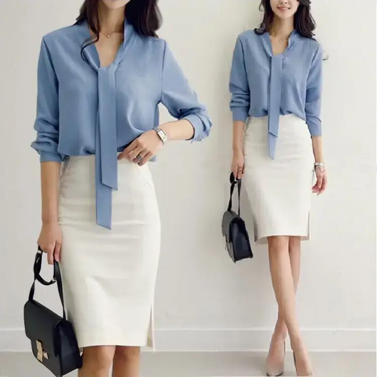 White V-Neck Bow Ribbon Chiffon Top for Women - Image 2