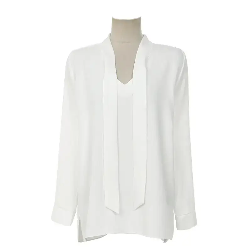 White V-Neck Bow Ribbon Chiffon Top for Women - Image 5