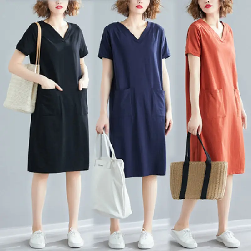 Plus Size Women's Navy Blue V-Neck Loose Skirt Dress - Image 4