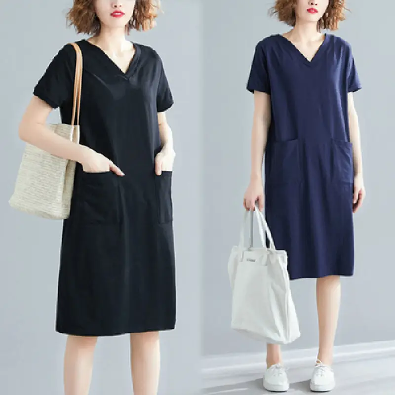 Plus Size Women's Navy Blue V-Neck Loose Skirt Dress - Image 6