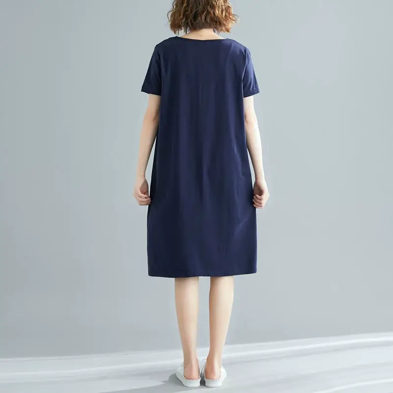 Plus Size Women's Navy Blue V-Neck Loose Skirt Dress — feature 10