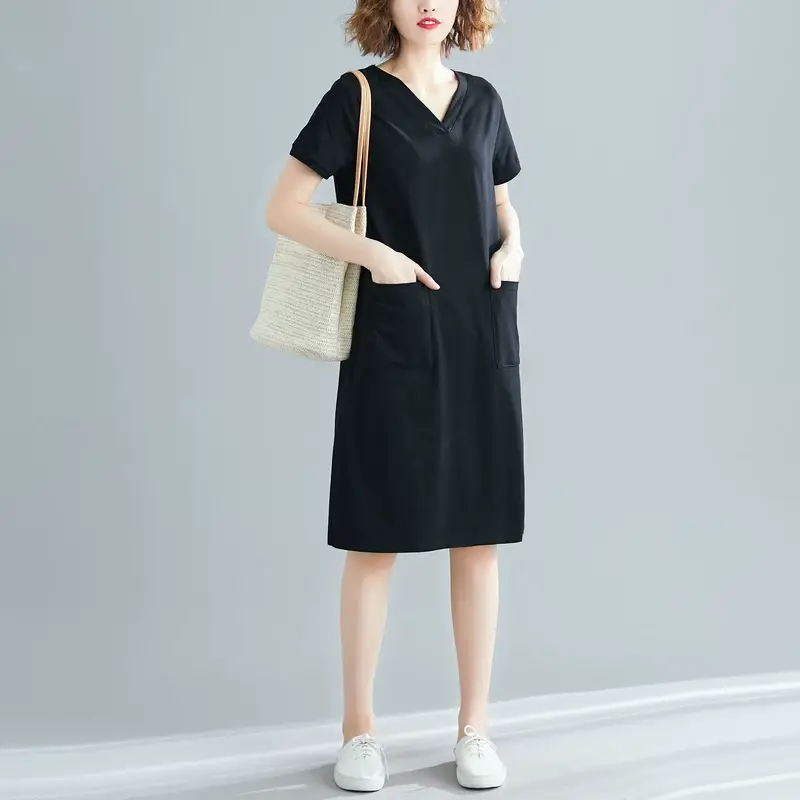 Plus Size Women's Navy Blue V-Neck Loose Skirt Dress — feature 11