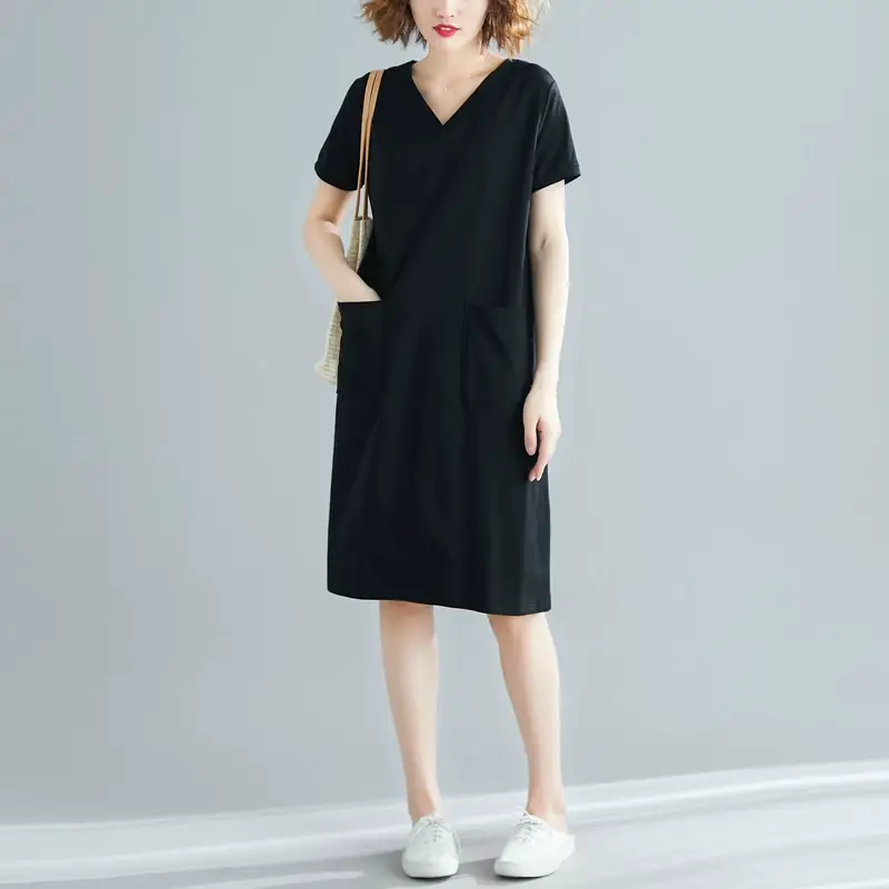 Plus Size Women's Navy Blue V-Neck Loose Skirt Dress — feature 12