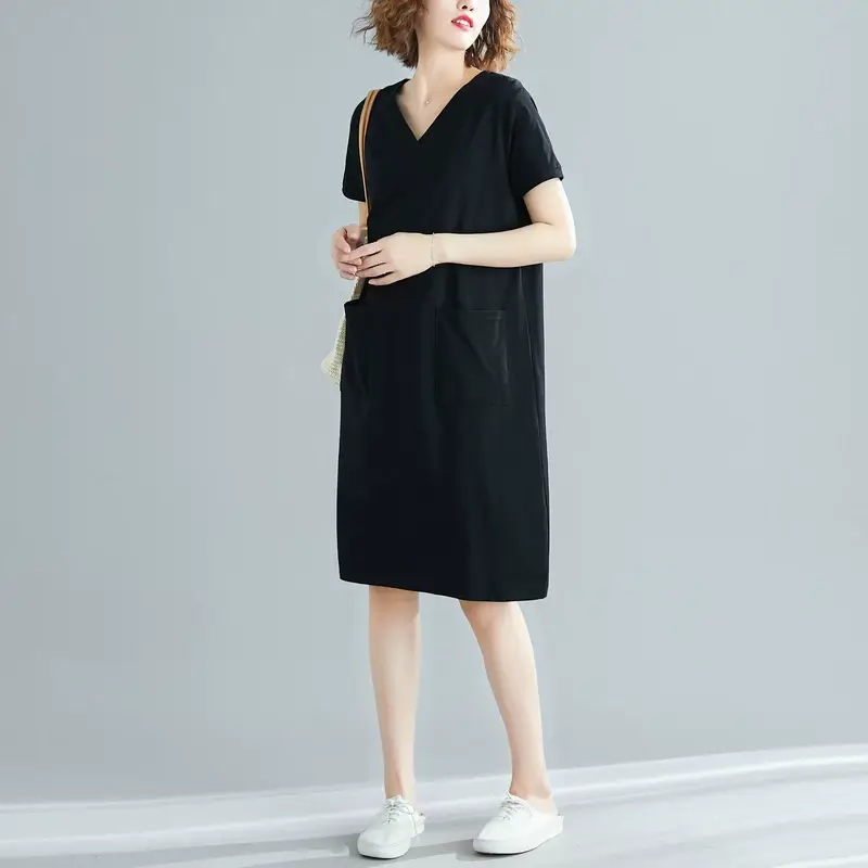 Plus Size Women's Navy Blue V-Neck Loose Skirt Dress — feature 13