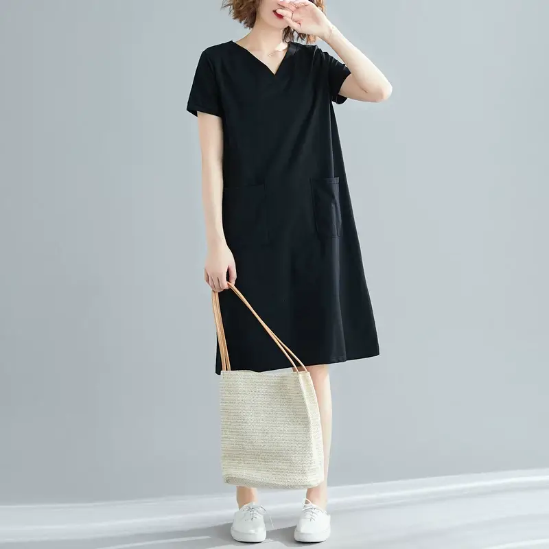 Plus Size Women's Navy Blue V-Neck Loose Skirt Dress — feature 14