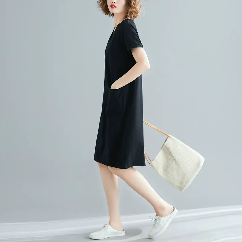 Plus Size Women's Navy Blue V-Neck Loose Skirt Dress — feature 15