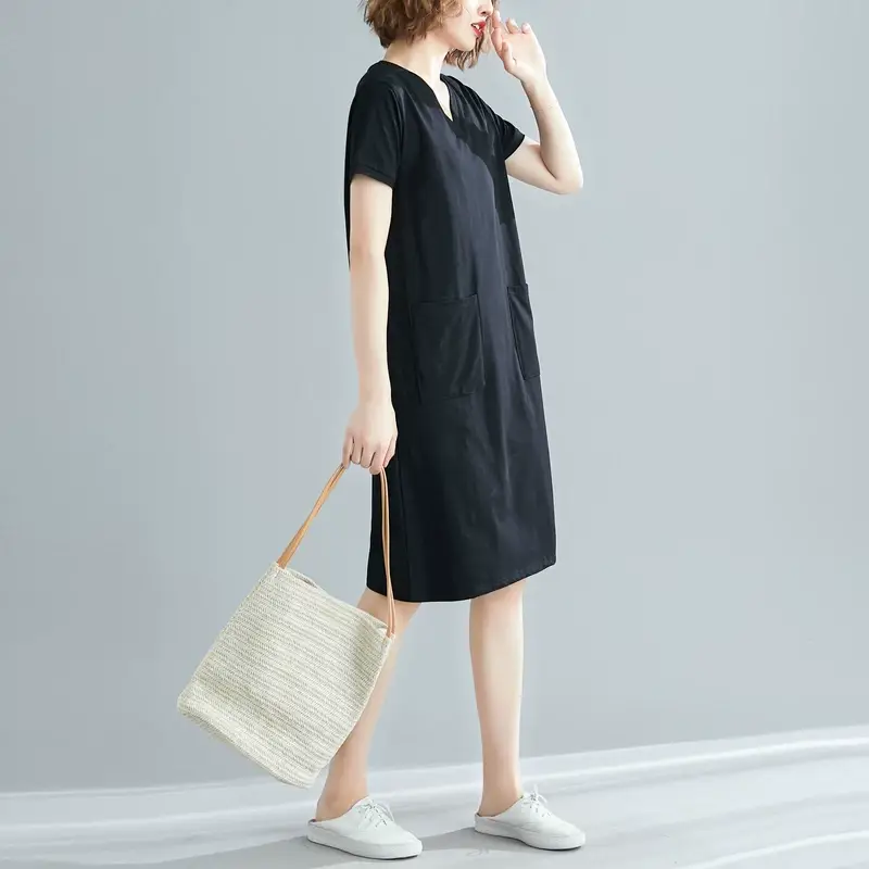 Plus Size Women's Navy Blue V-Neck Loose Skirt Dress — feature 16