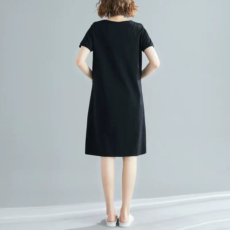 Plus Size Women's Navy Blue V-Neck Loose Skirt Dress — feature 17