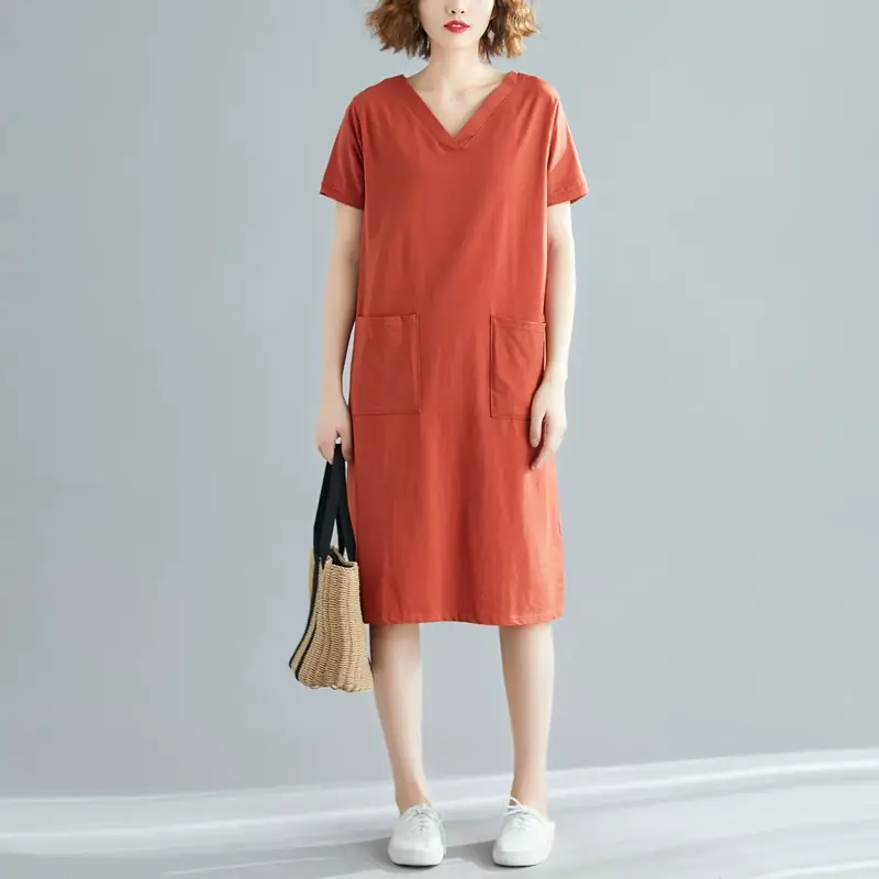 Plus Size Women's Navy Blue V-Neck Loose Skirt Dress — feature 18