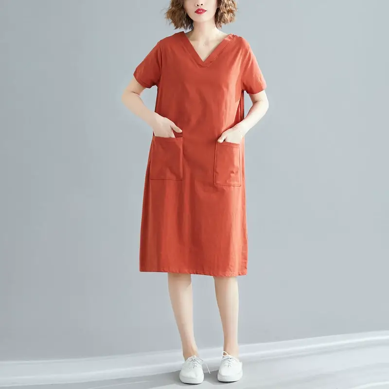 Plus Size Women's Navy Blue V-Neck Loose Skirt Dress — feature 22
