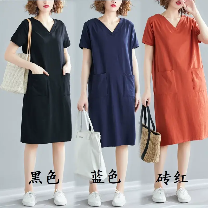 Plus Size Women's Navy Blue V-Neck Loose Skirt Dress — feature 3