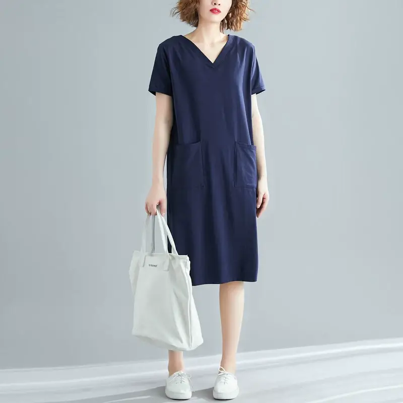 Plus Size Women's Navy Blue V-Neck Loose Skirt Dress — feature 4