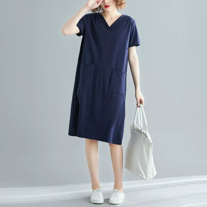 Plus Size Women's Navy Blue V-Neck Loose Skirt Dress — feature 5