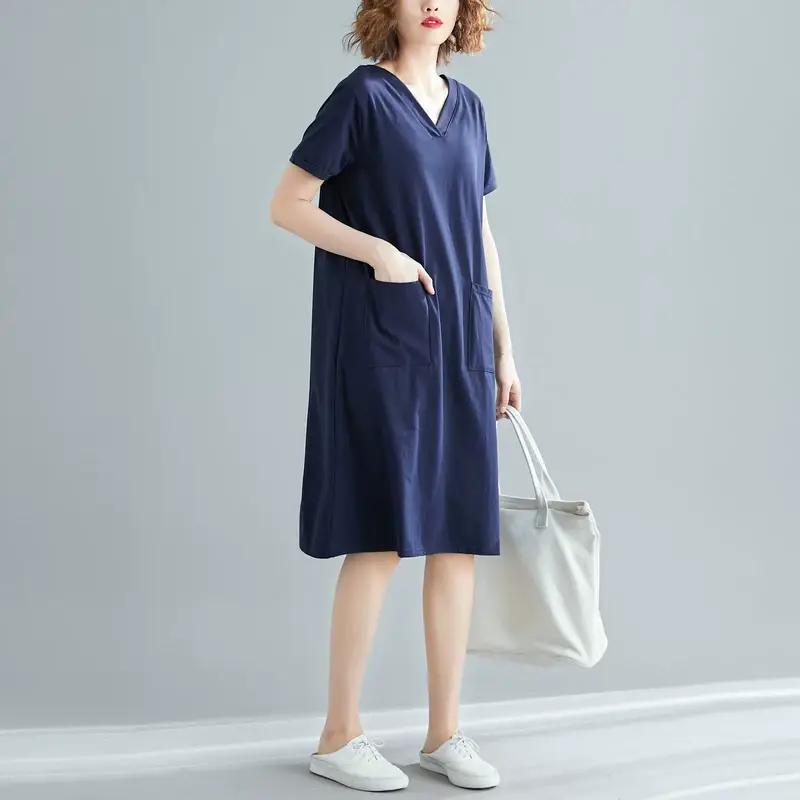 Plus Size Women's Navy Blue V-Neck Loose Skirt Dress — feature 6