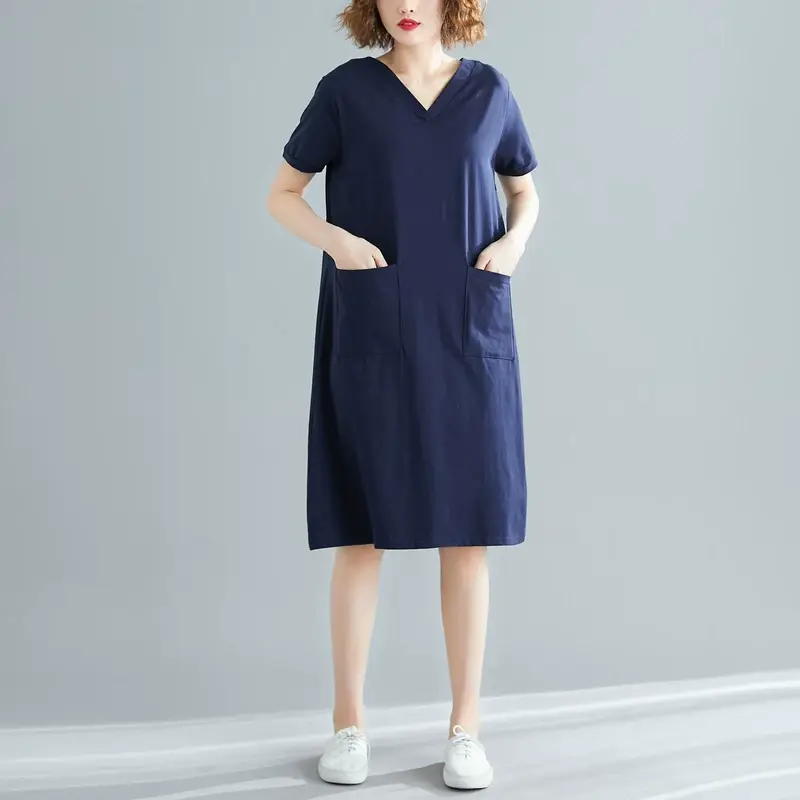 Plus Size Women's Navy Blue V-Neck Loose Skirt Dress — feature 7
