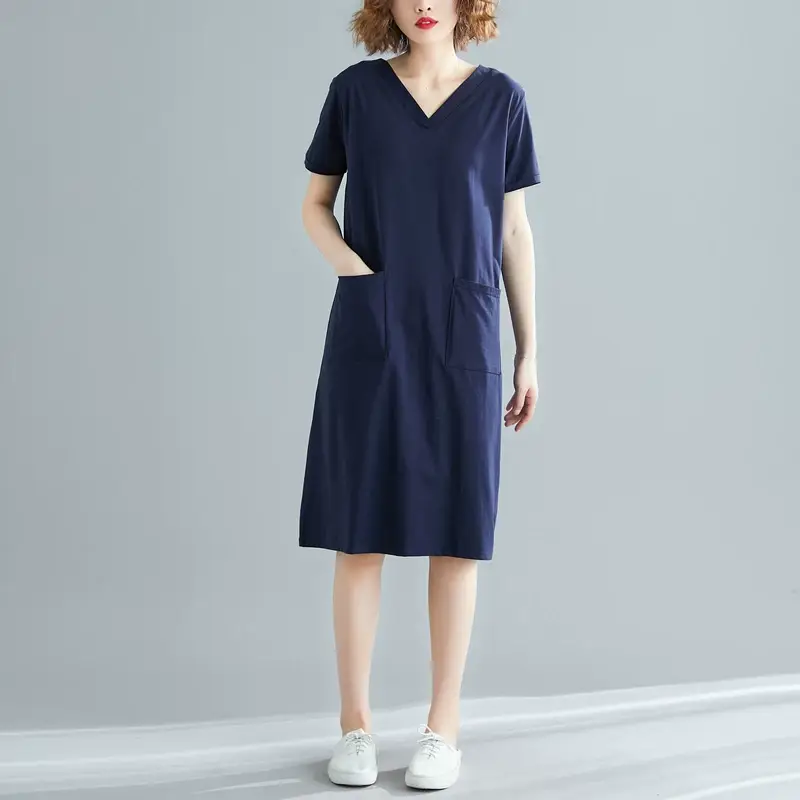 Plus Size Women's Navy Blue V-Neck Loose Skirt Dress — feature 8