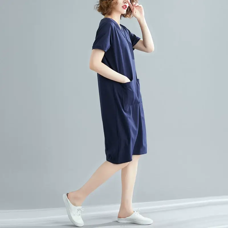 Plus Size Women's Navy Blue V-Neck Loose Skirt Dress — feature 9