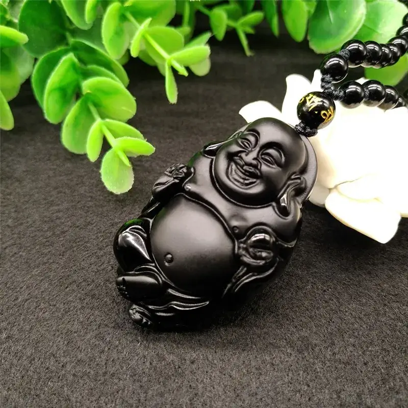 Obsidian Smiling Buddha Maitreya Pendant Necklace - Image 2