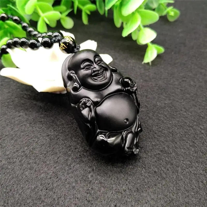 Obsidian Smiling Buddha Maitreya Pendant Necklace - Image 3