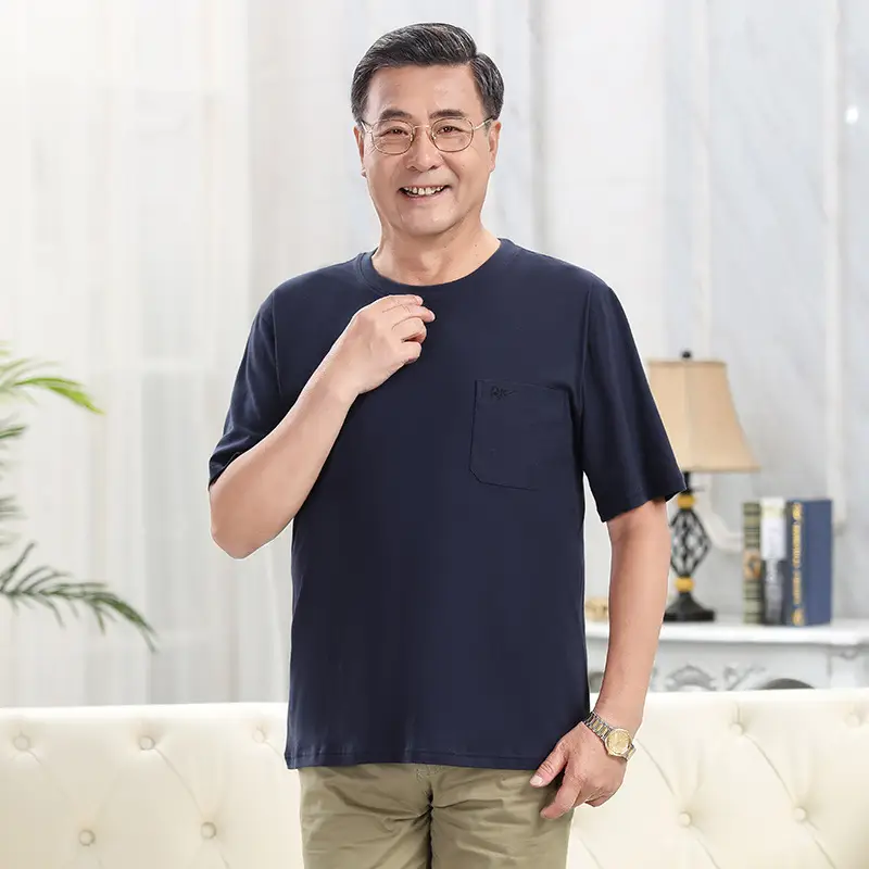 Dad's Pure Cotton Round Neck T-Shirt Navy Blue Loose Fit - Image 7