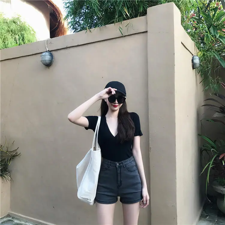Women V-Neck Black Slim Fit Shorts Top 2025