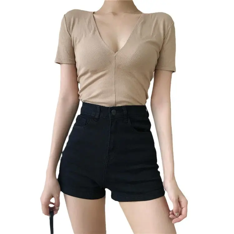 Women V-Neck Black Slim Fit Shorts Top 2025