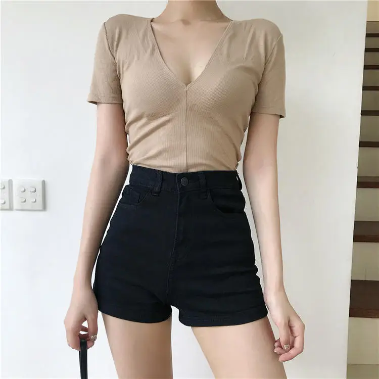 Women V-Neck Black Slim Fit Shorts Top 2025