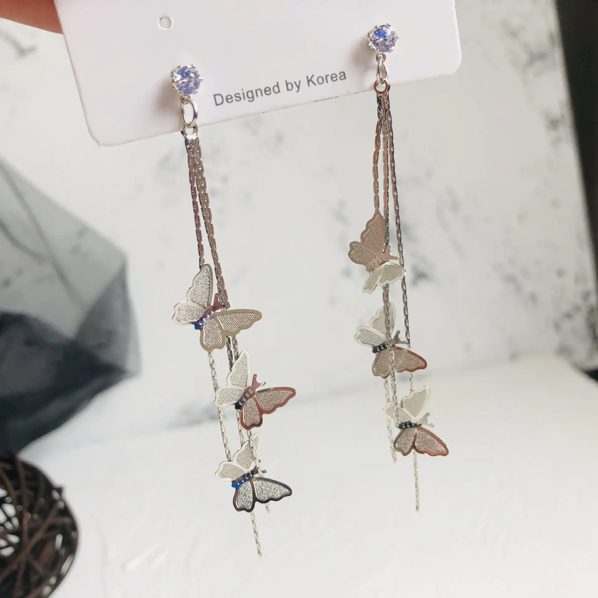 Korean Butterfly Tassel Earrings S925 Silver - Image 3