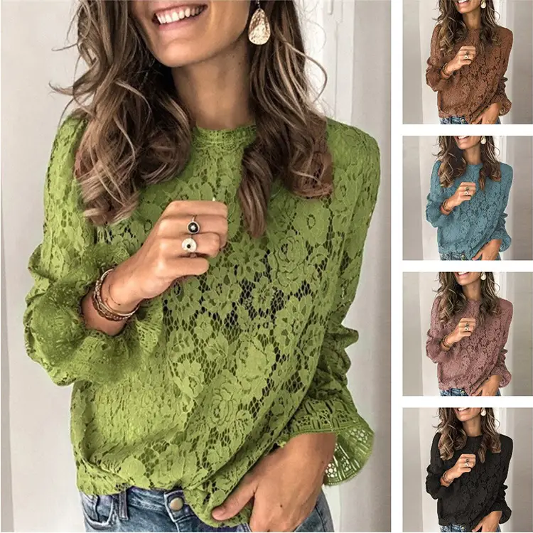 Women's Long Sleeve Sexy Lace T-Shirt Brown