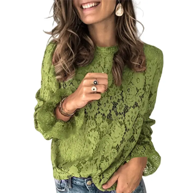 Women's Long Sleeve Sexy Lace T-Shirt Brown