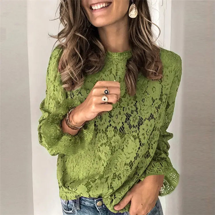 Women's Long Sleeve Sexy Lace T-Shirt Brown