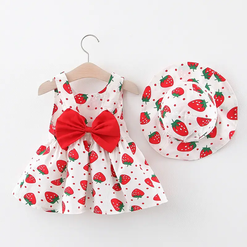 Girls Strawberry Printed Cotton Dress Set - Image 3